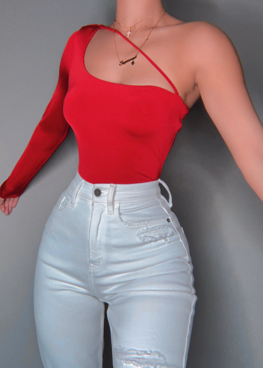 I’m Single Tonight One Sleeve Bodysuit (Red)